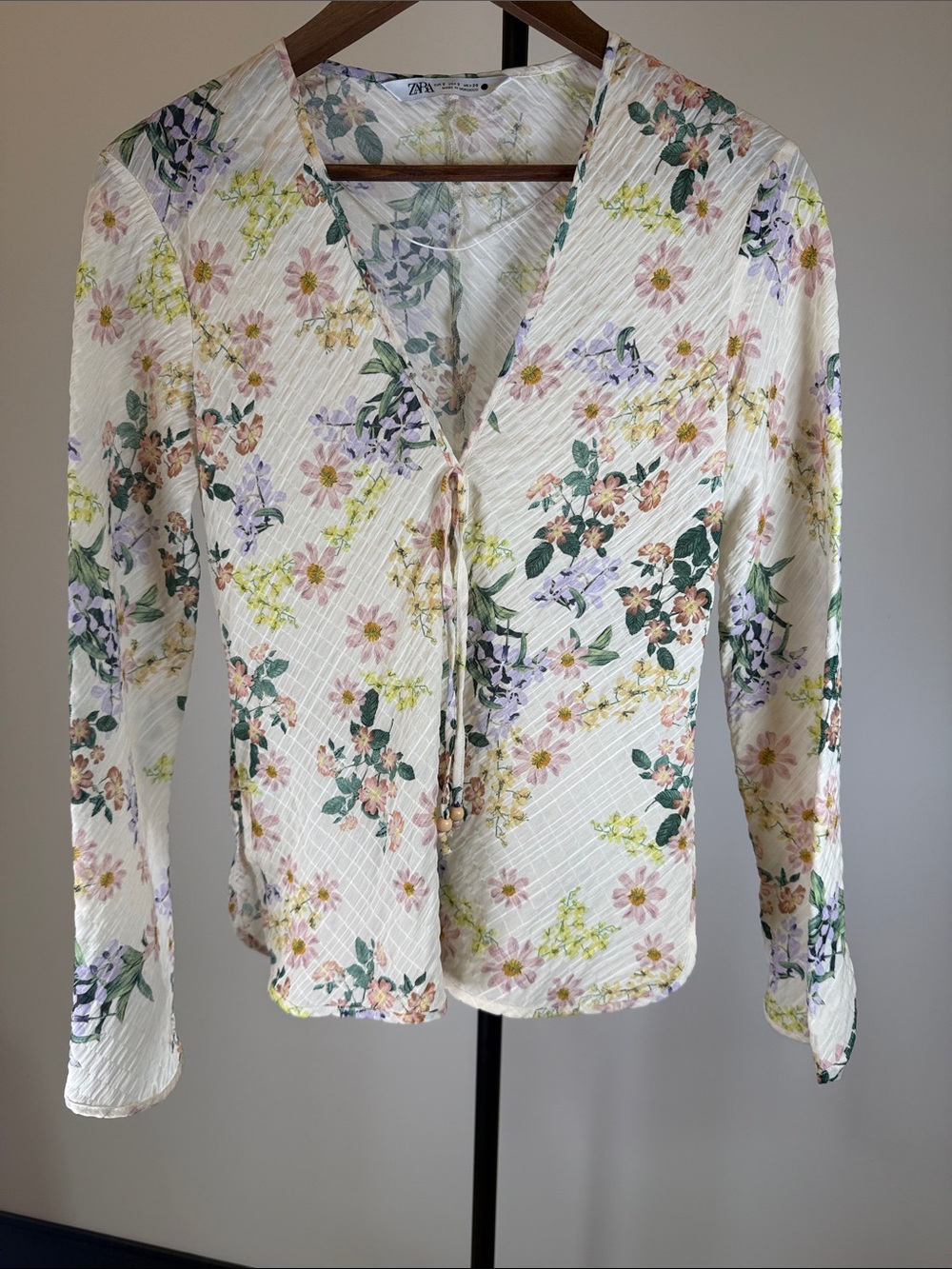 Zara Structured Floral Printed Blouse Tie Front Ecru | Size S